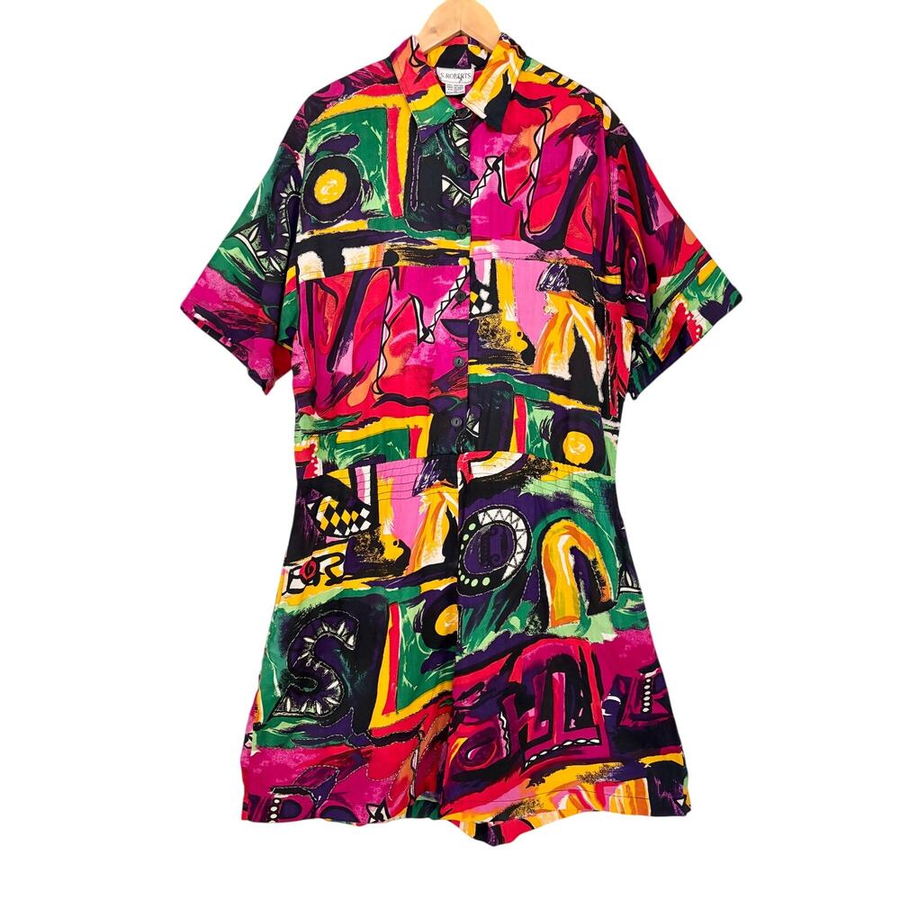 Vintage 90s Colorful Pattern Beaded Romper Dopamine Maximalist Eclectic SZ L/XL